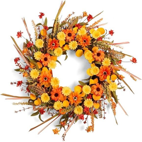 22" Fall Autumn Wreaths for Front Door Orange Daisy Wreath with Grain Ears - Picture 8 of 12